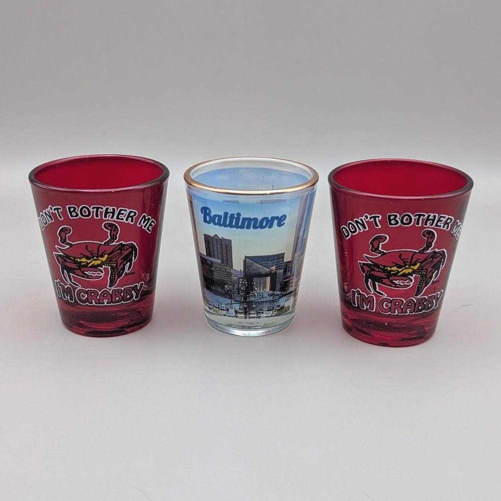 Baltimore, MD Set of Three Shot Glasses -‎ Inner Harbor Skyline, Grumpy Crabs
